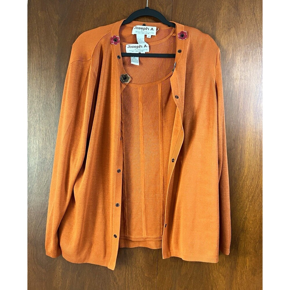 Vtg Joseph A Orange 100 % Silk Knit Twinset Cardigan & Scoop Neck Tank Set 1X